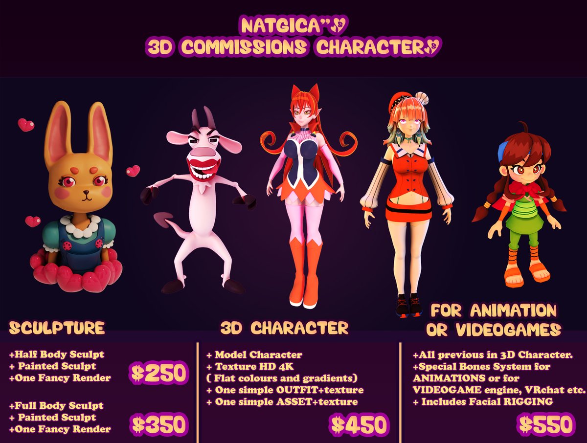 Hi! I'm Natgica, a 3D Character Artist.

Would you like a SCULPTURE or a MODELING of your CHARACTER?
Contact me at ★ natalia.mahoilustradora@gmail.com ★.

#3d #3dcartoon #anime3d #character3d #oc #fanart  #cute3d #3dcute #3dcommissions #fanart3d #commission3d #3danime #3dfanart