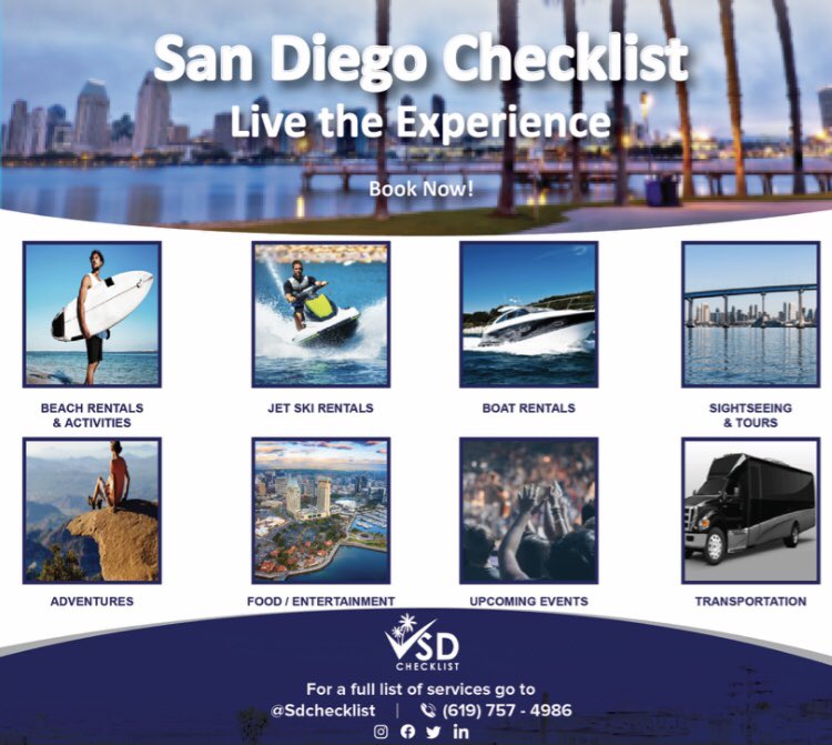 sd_checklist's tweet image. “Live the Experience” #Activities #Experiences #Adventures #Rentals #Charters #JetSkis #Yachts #Tours #Sightseeing #UpcomingEvents #Venues #Restaurants #transportation #Sandiego #sdchecklist
