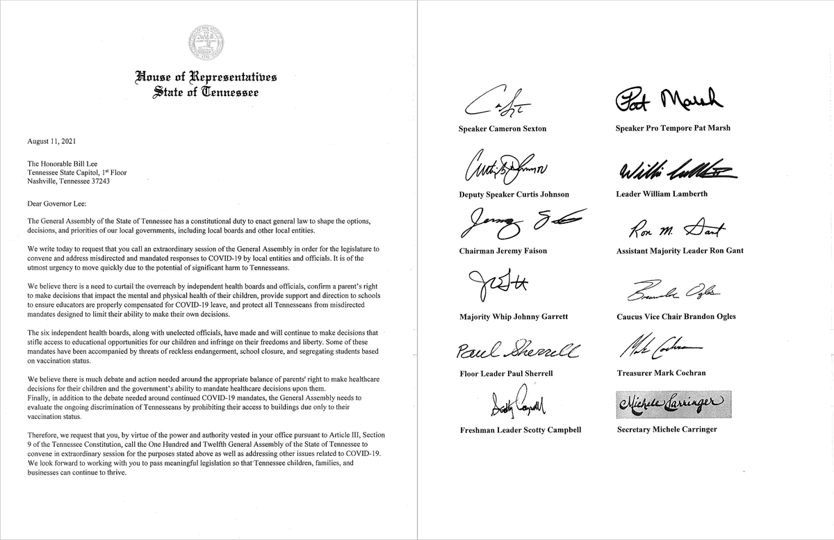 PhilNvestigates's tweet photo. BREAKING: TN House Speaker @CSexton25, every GOP House member asks @GovBillLee to call special session to strip local health depts &amp; school boards of power to enforce #COVID19 mandates, incl. masks. Also to debate "discrimination" against unvaccinated blocked from certain venues. https://t.co/96SVz01JDR