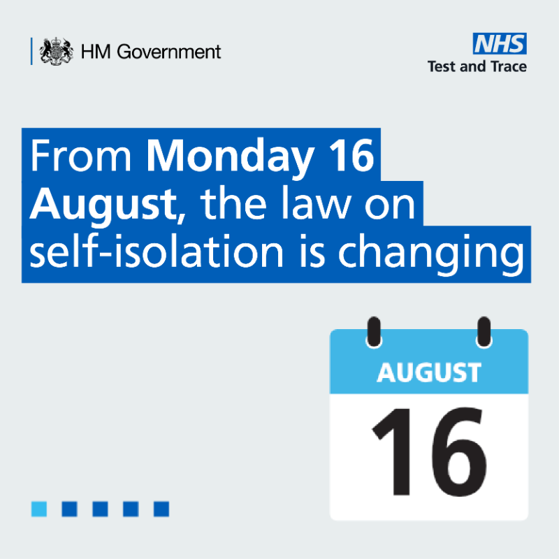 DHSCgovuk's tweet photo. The law on self-isolation is changing on 16 August. 

Close contacts of positive #COVID19 cases will no longer need to self- isolate if they are either: 
✅ double jabbed 
✅ under 18 

Instead you should take a free PCR test. 

See more ⬇️