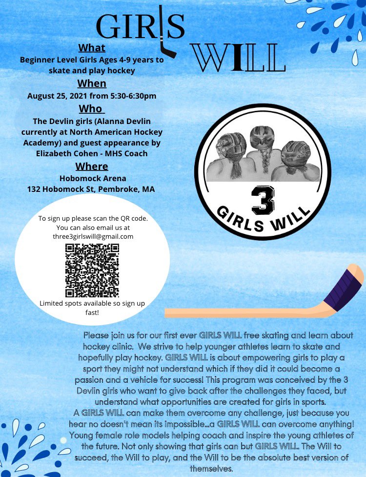 Joe Devlin (@safeharbor3) on Twitter photo Great event Aug 25th 5:30 pm Hobomock Arena - celebrating and encouraging girls to skate/play hockey - supported by MHS girls hockey and coach Elizabeth Cohen <a href="/mhsgirlshockey4/">MHS Girls Hockey Net</a> <a href="/ElizCohen16/">Elizabeth Cohen</a> <a href="/DevlinAlanna/">Alanna Devlin</a> <a href="/RileyDevlin3/">Riley Devlin</a> <a href="/eagles_elite/">Eagles Elite Sports</a> #girlswill #DreamBig #anythingispossible Great event Aug 25th 5:30 pm Hobomock Arena - celebrating and encouraging girls to skate/play hockey - supported by MHS girls hockey and coach Elizabeth Cohen <a href="/mhsgirlshockey4/">MHS Girls Hockey Net</a> <a href="/ElizCohen16/">Elizabeth Cohen</a> <a href="/DevlinAlanna/">Alanna Devlin</a> <a href="/RileyDevlin3/">Riley Devlin</a> <a href="/eagles_elite/">Eagles Elite Sports</a> #girlswill #DreamBig #anythingispossible