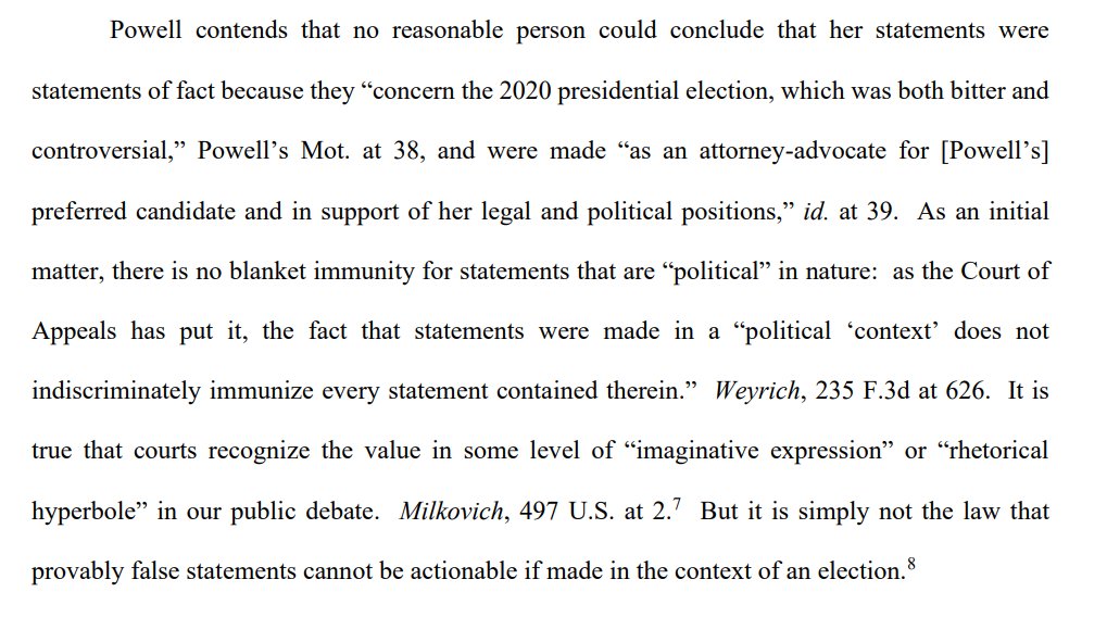 bradheath's tweet photo. A federal judge has rejected ex-Trump lawyer Sidney Powell's argument that "no reasonable person" would believe her election-fraud claims were statements of fact.
Dominion's suits against her, Giuliani and MyPillow will go forward.
https://t.co/uSd5kHXqLs https://t.co/3dE5a65nFQ