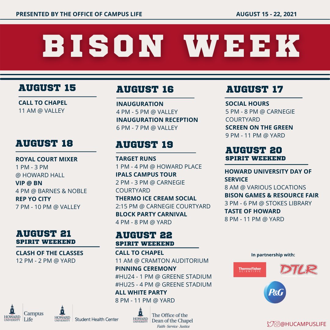 The Office of Campus Life presents Bison Week🦬❤️💙We can’t wait to see you next week #HU25 &amp; #HU24! #BisonWeek #WelcometoHoward