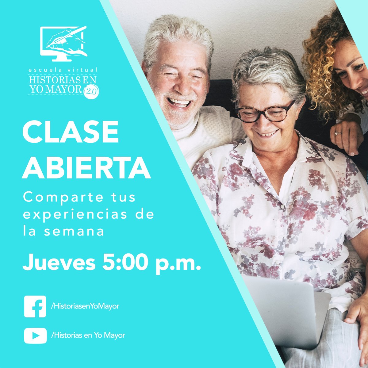 Agéndate hoy a las 5:00 p.m., para participar en la clase abierta de esta semana con la temática #NuestrosViajes y embarquémonos en emocionantes aventuras. No te pierdas este espacio para crear las mejores #HistoriasEnYoMayor