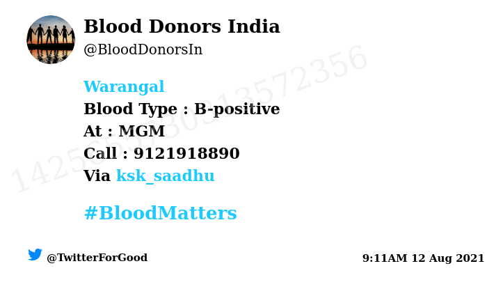 BloodDonorsIn's tweet photo. #Warangal
Need #Blood Type :  B-positive
Number of Units : 1
Primary Number : 9121918890
Via: @ksk_saadhu
#BloodMatters
Powered by Twitter https://t.co/QBnYwTrOp9