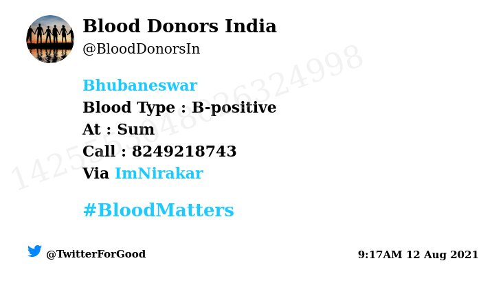 BloodDonorsIn's tweet photo. #Bhubaneswar
Need #Blood Type :  B-positive
Number of Units : 2
Primary Number : 8249218743
Via: @ImNirakar
#BloodMatters
Powered by Twitter https://t.co/WKh3OQguY5
