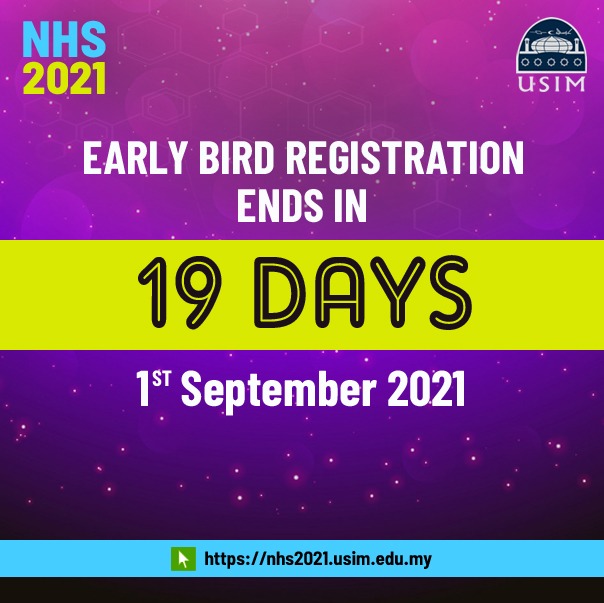 Early birds expire on 1st September! Grab this super low price now.
.
Student: RM30 (Malaysian) &amp; USD20 (International)
Non-student: RM50 (Malaysian) &amp; USD40 (International)
.
Click below to register for 8th USIM National Health Seminar 2021.
nhs2021.usim.edu.my
