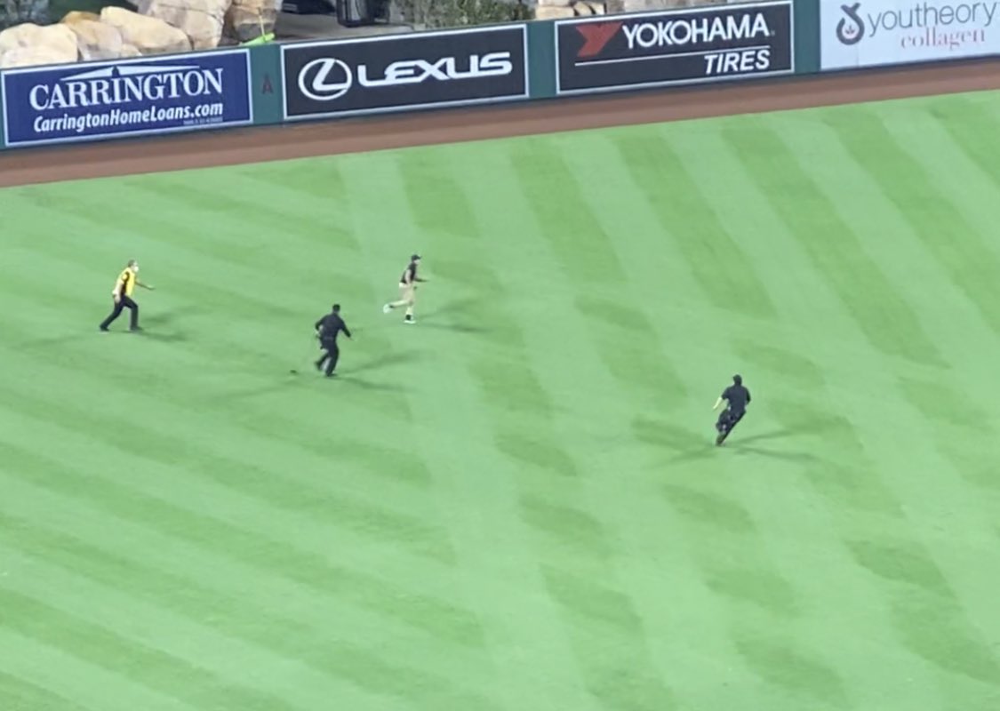 edokin's tweet image. Angels fan loose on the field just before 7th inning stretch. “…I don’t care if I never get back”