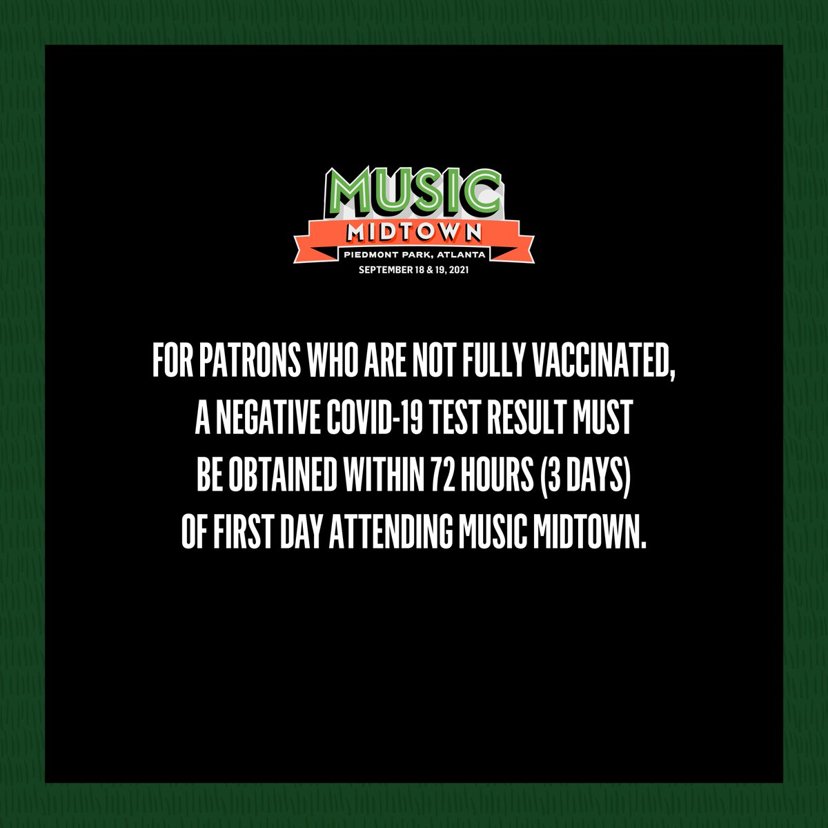 MusicMidtown's tweet photo. For the safety of our patrons and our staff is our number one priority. As such, a full COVID-19 vaccination or a negative COVID-19 test result will be required to attend Music Midtown 2021. https://t.co/5hEsM5HPo9 https://t.co/BIyYzwB2DH