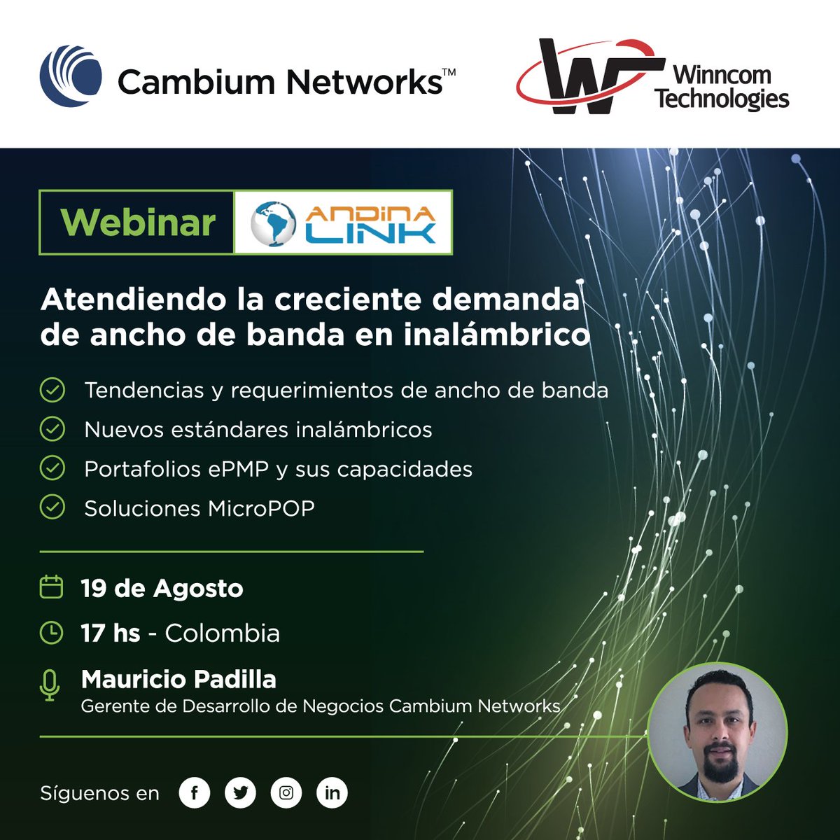¡Alto  ahí! 🚨 Acompáñanos el 19 de Agosto en nuestro próximo #Webinar: Atendiendo la creciente demanda de ancho de banda en inalámbrico con <a href="/WinncomCALA/">Winncom CALA</a> y <a href="/CambiumNetworks/">Cambium Networks</a> 

Regístrate aquí 👉 cutt.ly/eQSwBRp

#Tecnologia 
#AnchoDeBanda
#Inalámbrico
#internet