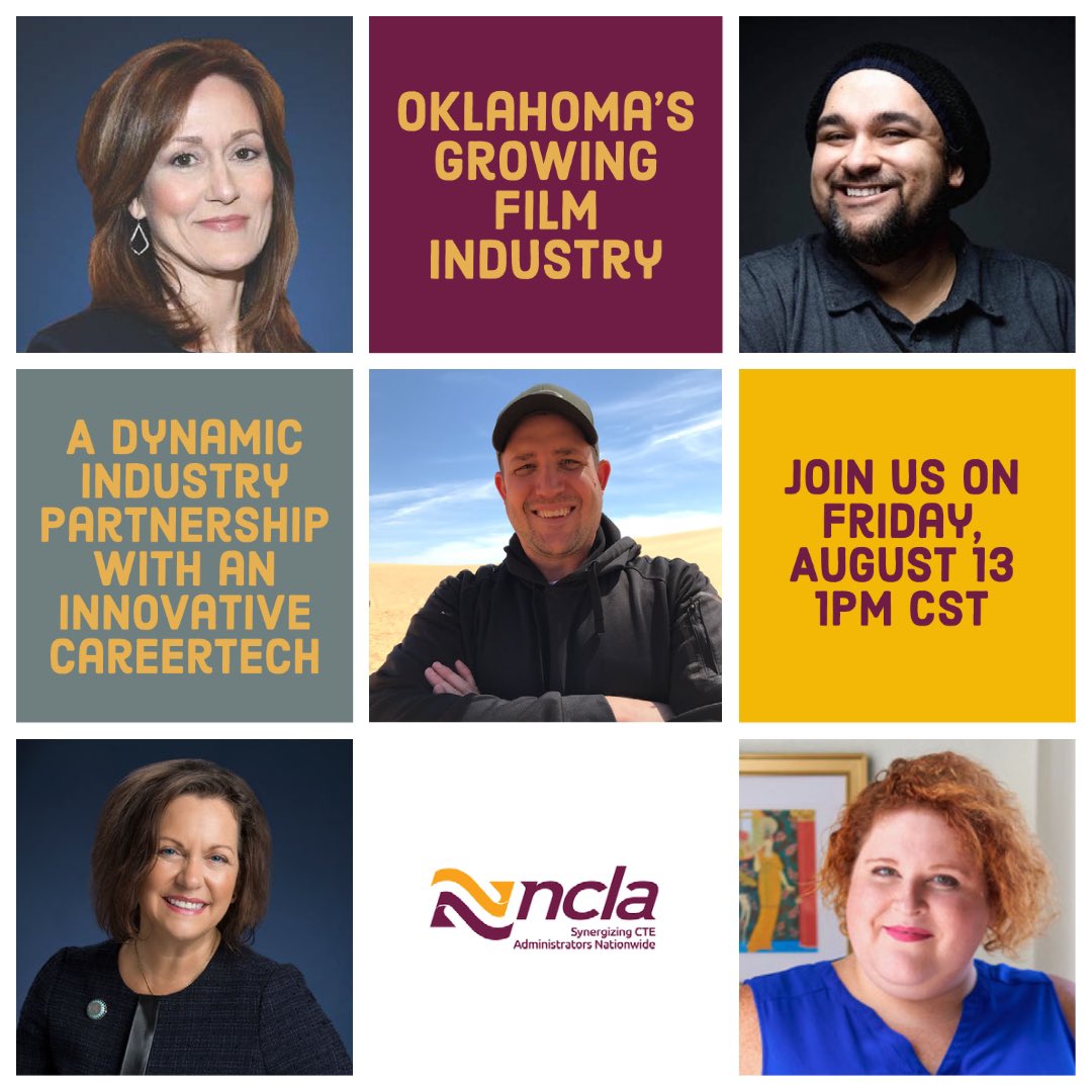 NCLA_CTE's tweet photo. Join us Aug 13th at 1pm CST for the NCLA webinar, “Oklahoma's Growing Film Industry: A Dynamic Partnership with Innovative #CareerTechEd” featuring Panelists Yousef Kazemi, Cathy Story, Alyx Picard-Davis, Cindy Friedemann, &amp; Harry Wolohon.
Register here: https://t.co/6BVHW8moxg https://t.co/zqmRuhsvMG
