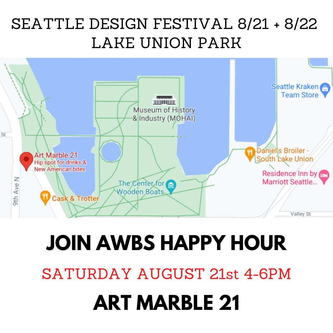 AWBSeattle's tweet image. See design thinking unleashed at the #SeattleDesignFestival and stop by the AWBS installation in Lake Union Park on 8/21 and 8/22. Volunteers and friends are invited to join us for happy hour on Saturday at the festival! #DesignInPulblic