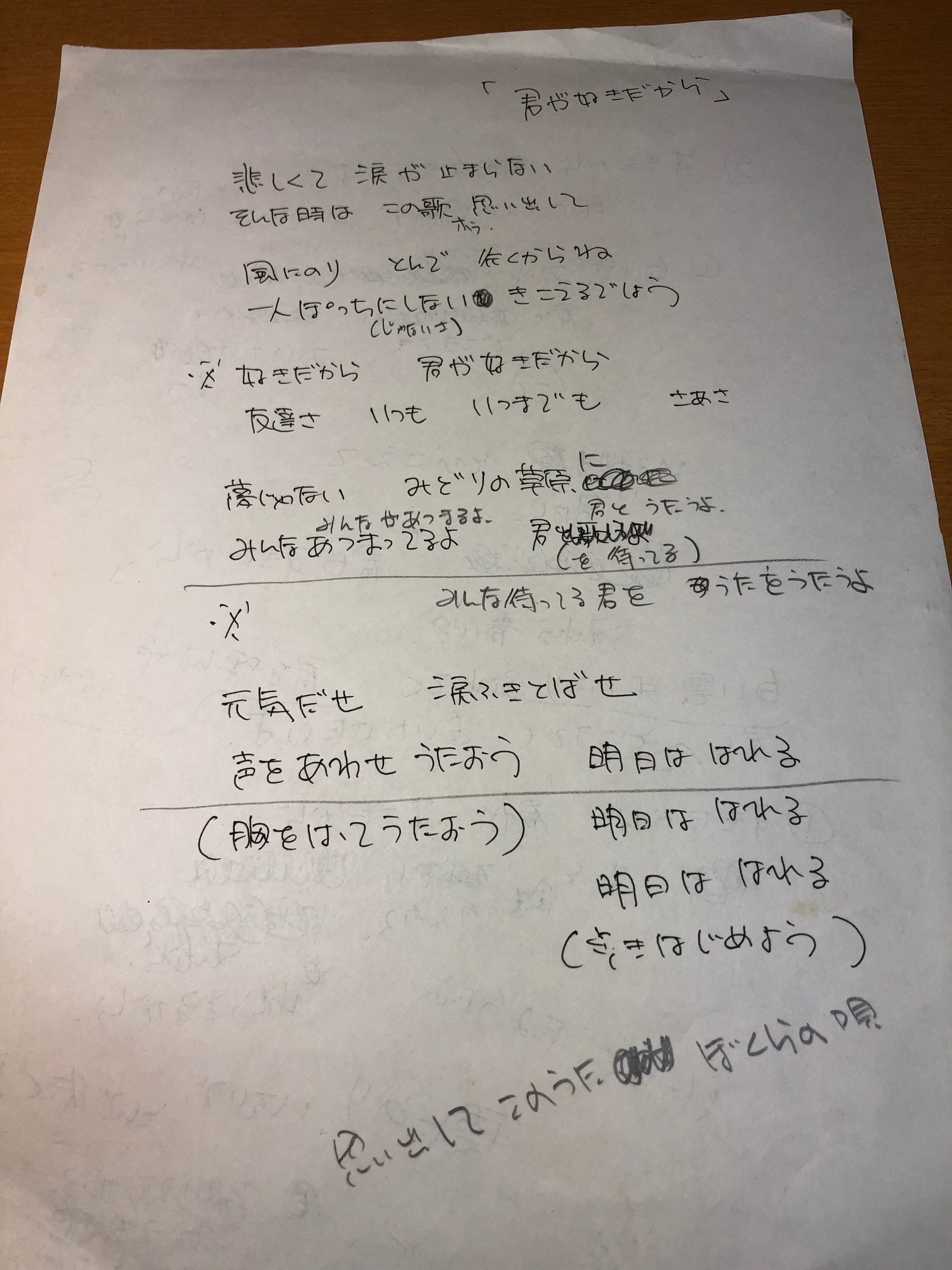 坂田おさむ おかあさんといっしょ１９９９年 あしたははれる の元歌詞資料を見つけたよ これが元ノート フレーズや仮タイトルも変えたんだ 誰かを励まし応援する 強い歌 を作りたかったんだ 速水けんたろうさん 茂森あゆみさんが最初に歌ってくれ