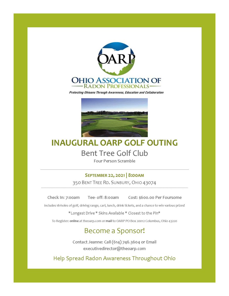 Ohio Association of radon Professionals is holding it's inaugural golf outing. Click the link below for more information.
theoarp.com/event-4434066