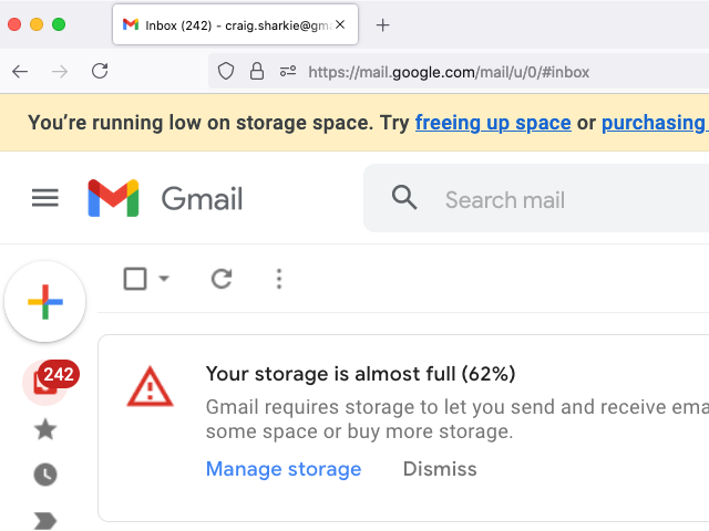 GMail UI showing flash message with "Your storage is almost full (62%)"