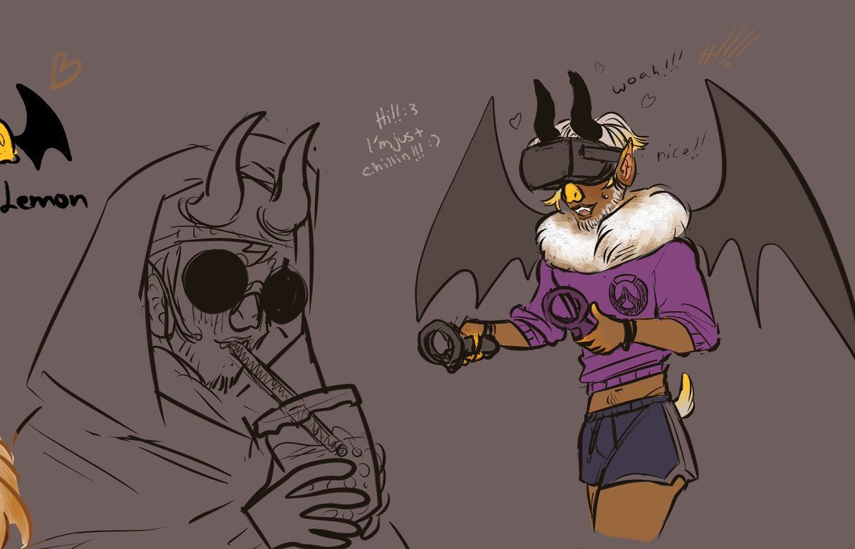 a cute bat demon oc i made this summer!+his parents! i wuv him. feat bebby in the wittle stream! @kittycowdraws 