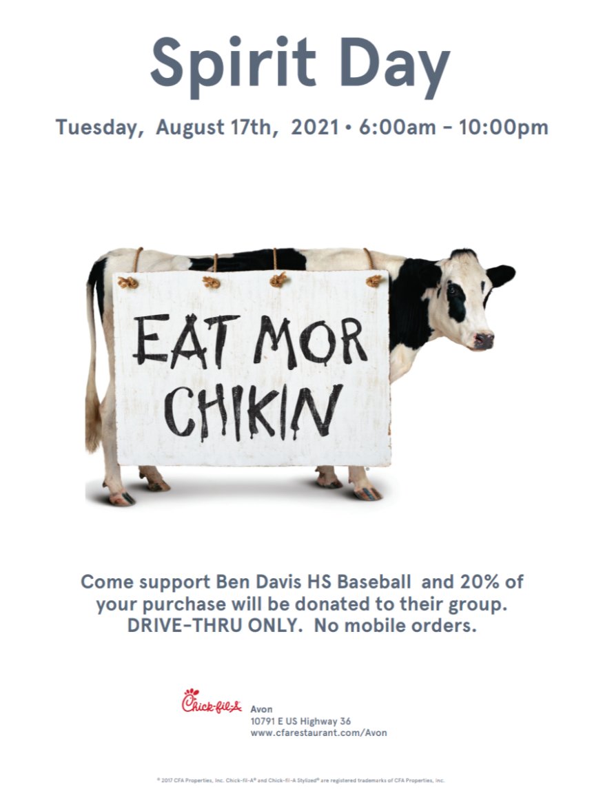 BDBullpen's tweet image. Calling anyone and everyone in #WeAreWayne!
Call Grandma and meet her for breakfast.  Pick up lunch for your coworkers.  And definitely do NOT cook dinner.  Next Tuesday, run, walk, drive to Chick-Fil-a for a meal (or 3).  Mention @BDHS_Baseball....and 20% comes back here.