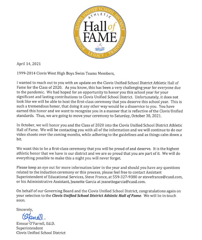 Attention Clovis West Varsity Swimming and Diving teams from 1999-2014. The Hall of Fame induction will be October 30th, 2021.