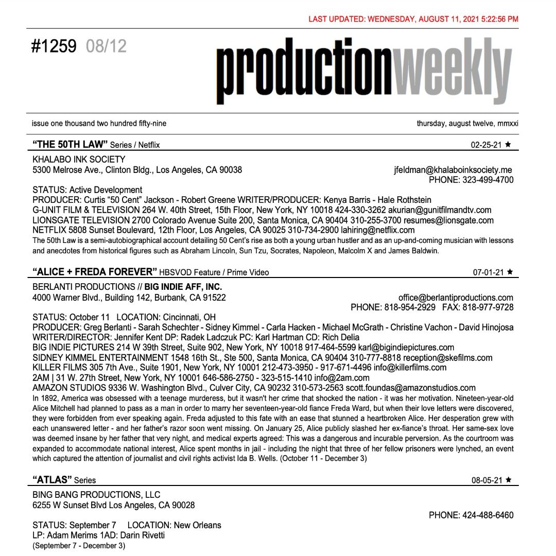 #RT <a href="/prodweek/">Production Weekly</a>: Production Weekly - Issue 1259 - Thursday, August 12, 2021 / 148 Listings - 33 Pages - Production Weekly buff.ly/3yHNuu2