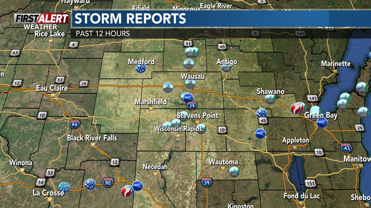 WSAWWeather's tweet photo. #Storm reports from around the area from Wednesday August 11, 2021. Most reports are from #thunderstorm wind damage or for various reports of #flooding from the afternoon.  So far (8 p.m.), two #tornadoes are confirmed with an #EF1 in #Monroe County &amp; an #EF0 in #Brown County. https://t.co/osjKUwXbsB