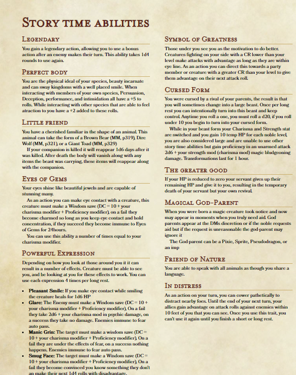 So for #wipwednesday I'm working on my anime noble class with a strong emphasis on cheesy stories, seriously each subclass is named Fairy tale, Goblin Fable, Scary story, and Heavenly Hymn and one of the class features are story time abilities and I would love ideas