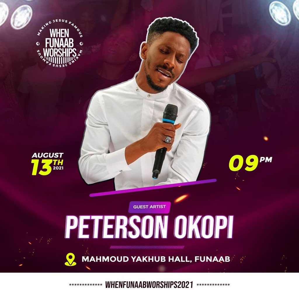 MosadoluwaJames's tweet photo. The much anticipated worship concert in Abeokuta is finally here!
—
Every day, every hour, every minute, every second we countdown!!!

Join us this Friday 13th August, 9pm at Mahmoud Yakhub hall, FUNAAB.
#whenfunaabworships #makingJesusfamous #wewinalways #victorychant #JesusGeng https://t.co/YhkkWCkGNR