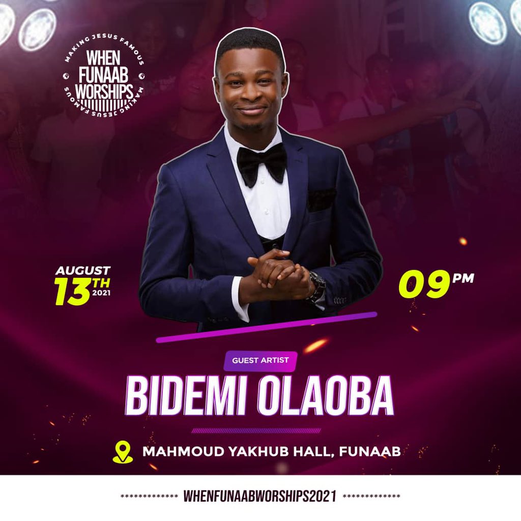 MosadoluwaJames's tweet photo. The much anticipated worship concert in Abeokuta is finally here!
—
Every day, every hour, every minute, every second we countdown!!!

Join us this Friday 13th August, 9pm at Mahmoud Yakhub hall, FUNAAB.
#whenfunaabworships #makingJesusfamous #wewinalways #victorychant #JesusGeng https://t.co/YhkkWCkGNR