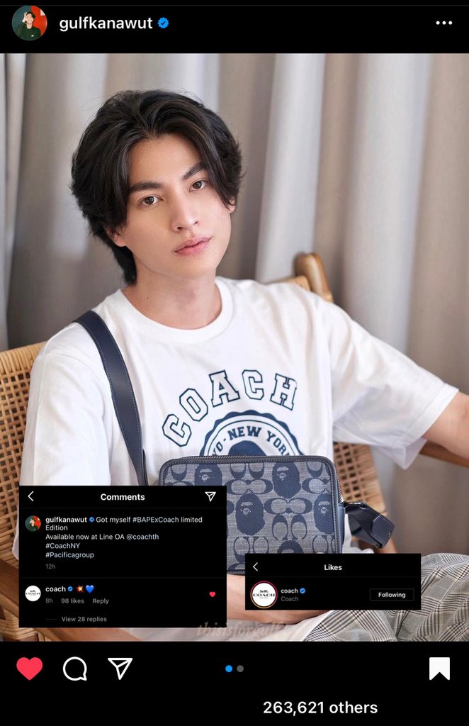 thisisforGulf's tweet photo. Gulf Morning ✨

Coach official IG account liked and commented to @gulfkanawut’s #BAPExCoach post on IG. If you can remember, Coach also liked his CoachMothersDay post way back August 8, 2020. Gulf Power 🔥

Thank you so much @Coach  ❤️

#GulfKanawut https://t.co/aA6n8LnlX6