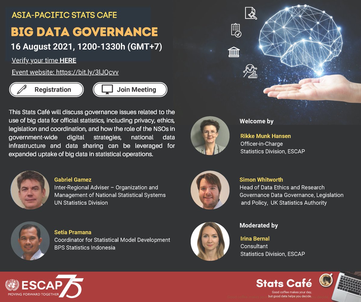 UNESCAP's tweet photo. See you at the #StatsCafe☕️ on Monday to explore governance issues related to the use of #BigData for official #statistics, including privacy, ethics, legislation and coordination, with @UNStats and @bps_statistics.
📅16 August, 12:00 hrs. (UTC+7)
✍️ https://t.co/0PtLrYLI5G https://t.co/zMxn5uNSqw