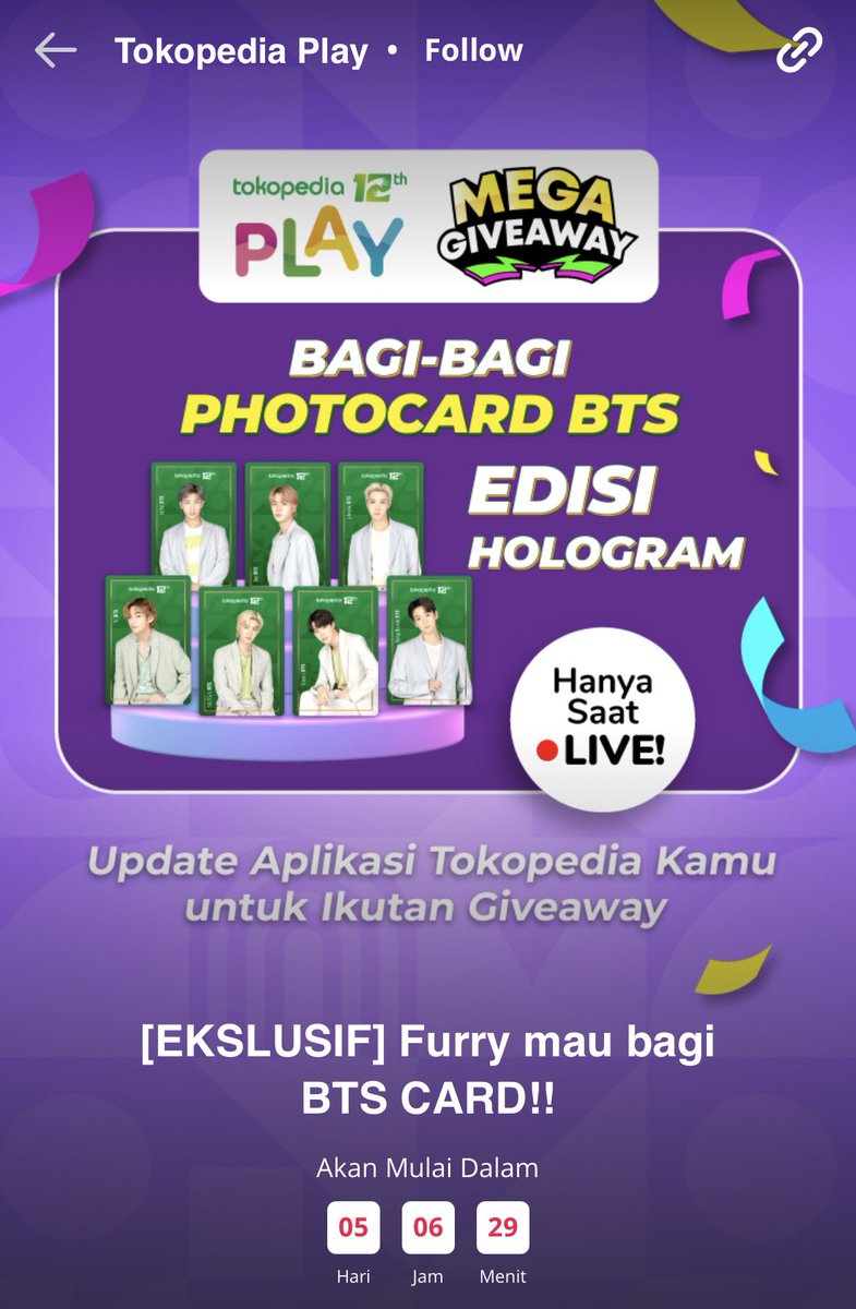 ARMYTEAMID's tweet photo. [💜]

Jangan lewatkan! #TokopediaxBTS 

photocard : https://t.co/kgzIiWBQku
reminder live : https://t.co/2IU9SpZiUn

#방탄소년단 #BTS @BTS_twt https://t.co/qTkcMIeTTu