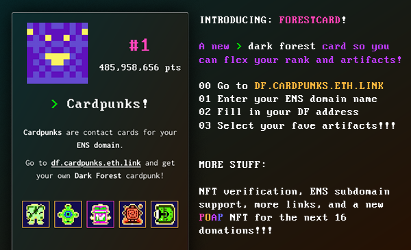 cardpunks's tweet photo. Introducing: Cardpunks ForestCard!

https://t.co/T6ztlkY2LB

A new @darkforest_eth card for your ENS domain so you can flex your rank and artifacts!

Also: NFT verification, ENS subdomain support, new links and to celebrate DF's New Round, a POAP NFT for the next 16 donations!!! https://t.co/PZORilFe1I