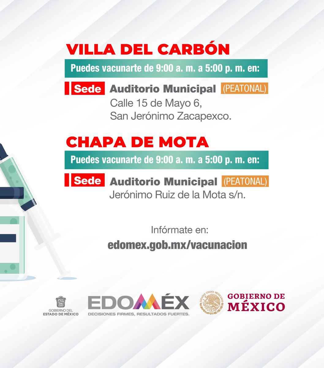 alfredodelmazo's tweet photo. Del 12 al 14 de agosto estaremos vacunando a mujeres embarazadas y aplicando la segunda dosis a los adultos de 40 a 49 años en #VillaDelCarbón y #ChapaDeMota. #EstrategiaDeVacunación https://t.co/EQdNaxdNdF