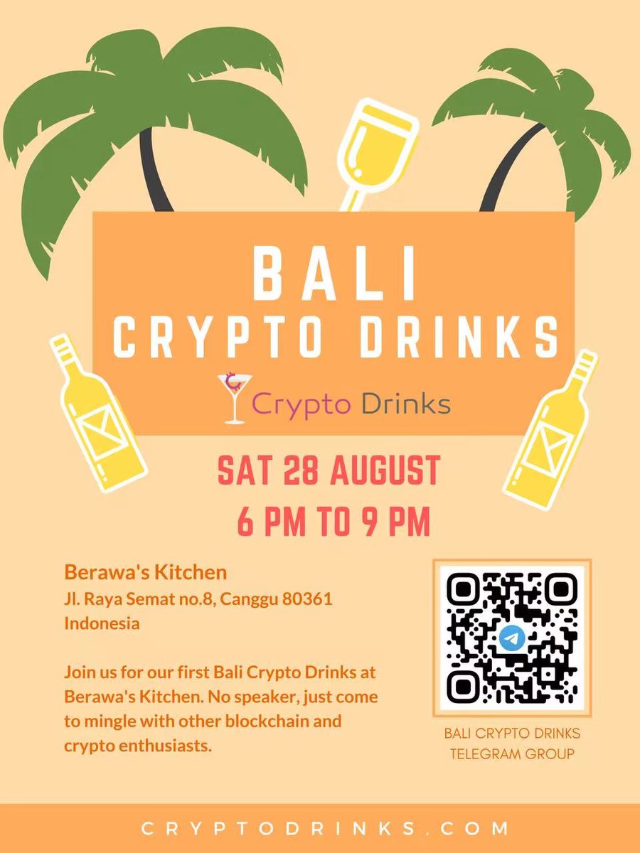 cryptodrinks247's tweet photo. Welcome #Bali! our newest https://t.co/249hfMUpoD chapter in #Indonesia. Come learn about #Blockchain with new friends on 2021/8/28 from 6-9PM at Berawa's Kitchen. #crypto https://t.co/ADb6qlgw4V https://t.co/PlSCJ10jzX