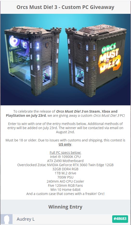 OMG I WON THE GIVEAWAY #ORCSMUSTDIE <a href="/OrcsMustDie/">Orcs Must Die!</a> cant wait for it to arrive on tuesday! now time to 5 skull them endless maps xD