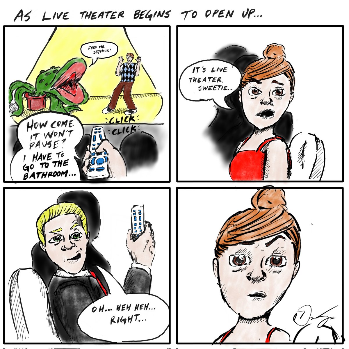 As #theater begins to open up, I thought I'd draw a comic about watching live shows again...without a remote 😜

#portland #oregon #oregonarts #artist #artistsoninstagram #comicstrip #cartoon #covid #art #ipaddrawing