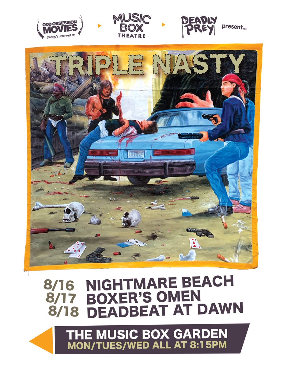 oddobsession's tweet image. 3 consecutive nights of gnarly flics in the @musicboxtheatre garden w #deadlypreygallery is … crazy af!! Even if screenings sold out there’ll be 4 unreleased prints available + ogs hanging in lounge. musicboxtheatre.com/events/music-b… #OddObsessionMovies #MusicBoxTheatre #DeadlyPreyGallery