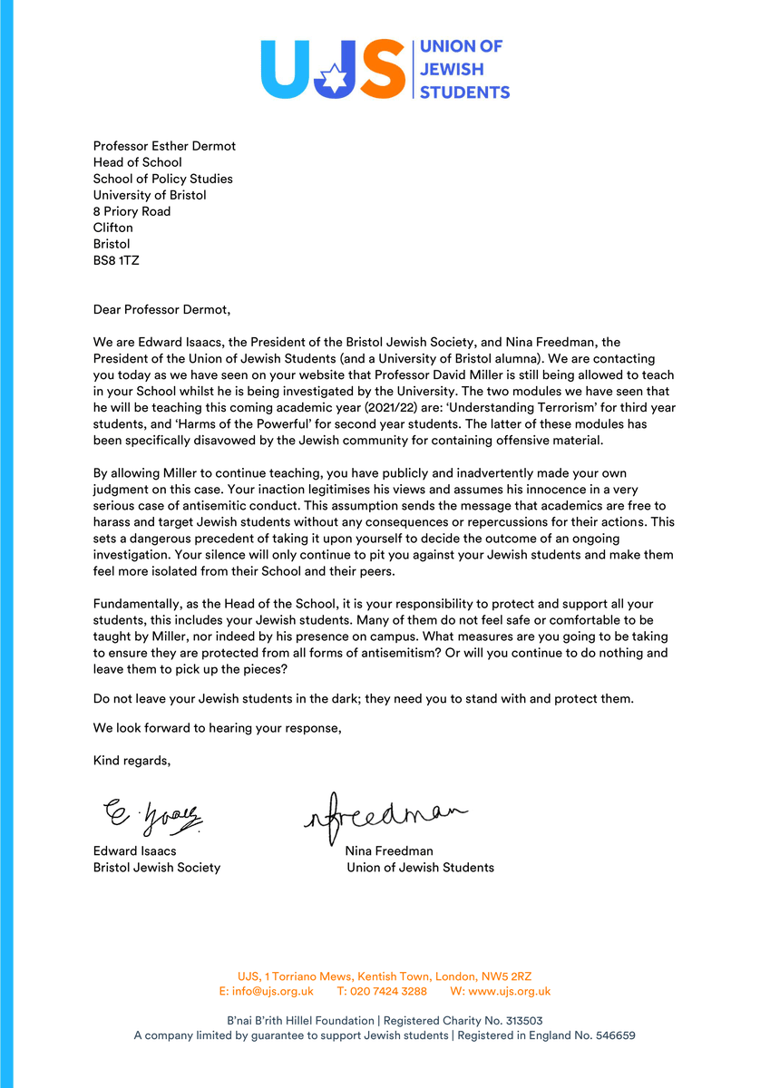 @BristolJsoc and UJS have recently become aware that Prof David Miller is still listed to be teaching in the upcoming academic year, despite an ongoing investigation into his conduct. We sent a letter to @UoBrisSPS to express our serious concerns!