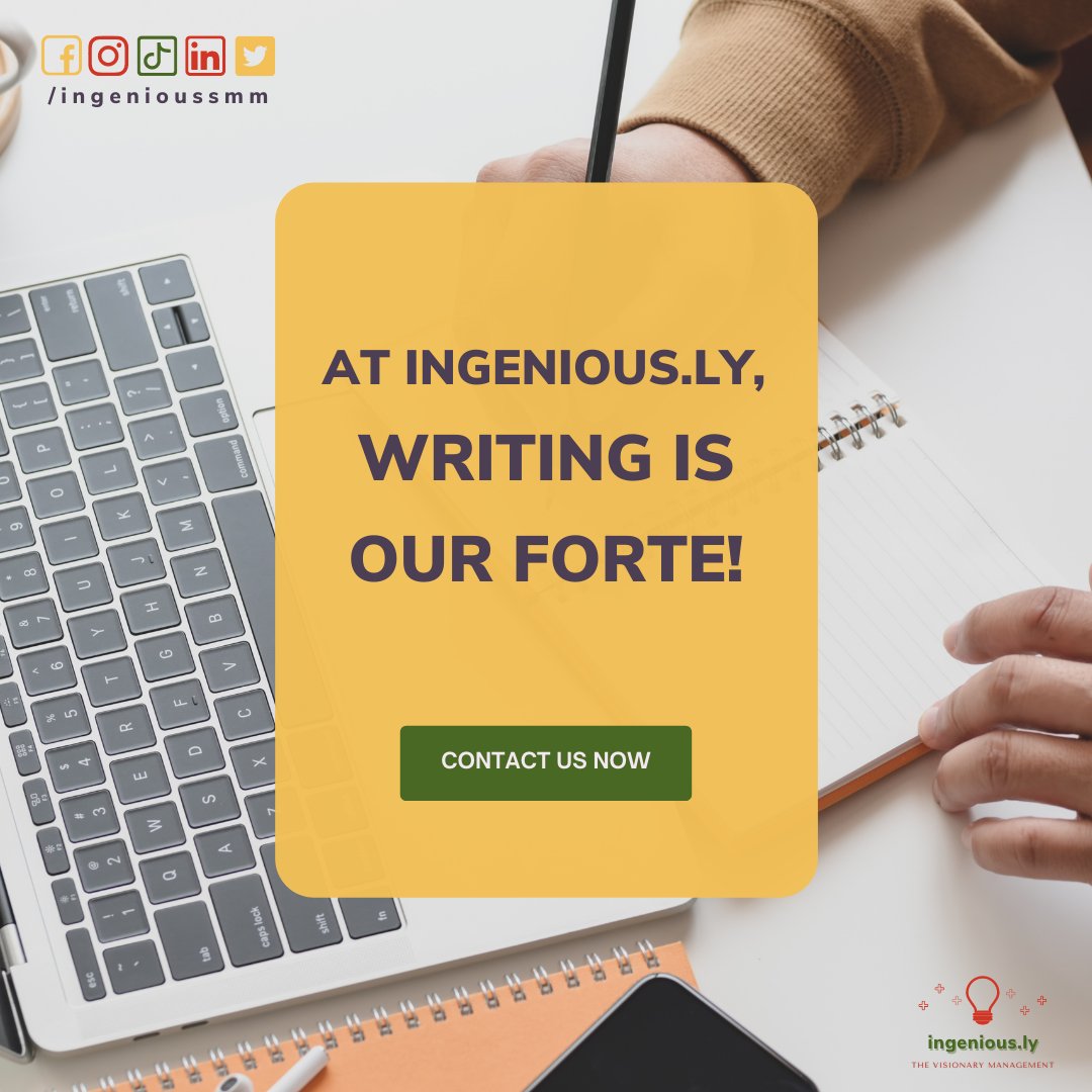ingeniousSMM's tweet image. 𝐀𝐭 𝐈𝐧𝐠𝐞𝐧𝐢𝐨𝐮𝐬.𝐥𝐲, 𝐰𝐫𝐢𝐭𝐢𝐧𝐠 𝐢𝐬 𝐨𝐮𝐫 𝐟𝐨𝐫𝐭𝐞! 🔥🖋️
If you want to know more, do not hesitate to talk with us here 👉 m.me/ingeniousSMM
#socialmediastrategy #digitalmarketing #igenioussmm #ContentWriting