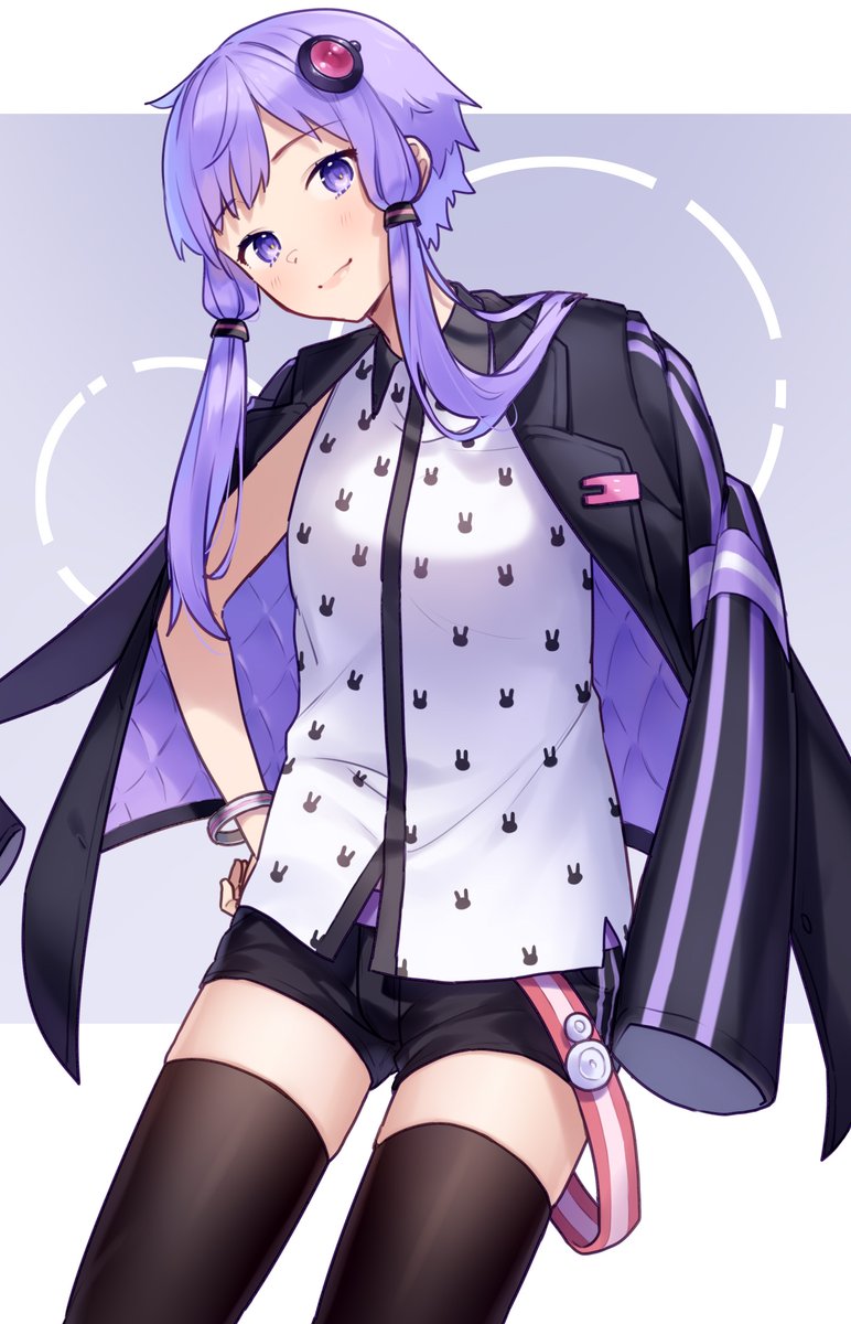 yuzuki yukari 1girl solo thighhighs bunny print jacket purple hair jacket on shoulders  illustration images