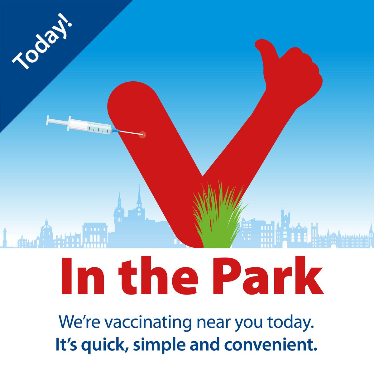 If you are still waiting on your first Covid-19 vaccination, get yourself down to V in the Park at Hazlehead Park today, Thursday 12th Aug, 11am - 3pm! 
A great way to get your vaccination while getting some fresh air and exercise at the same time 🌞
Please share