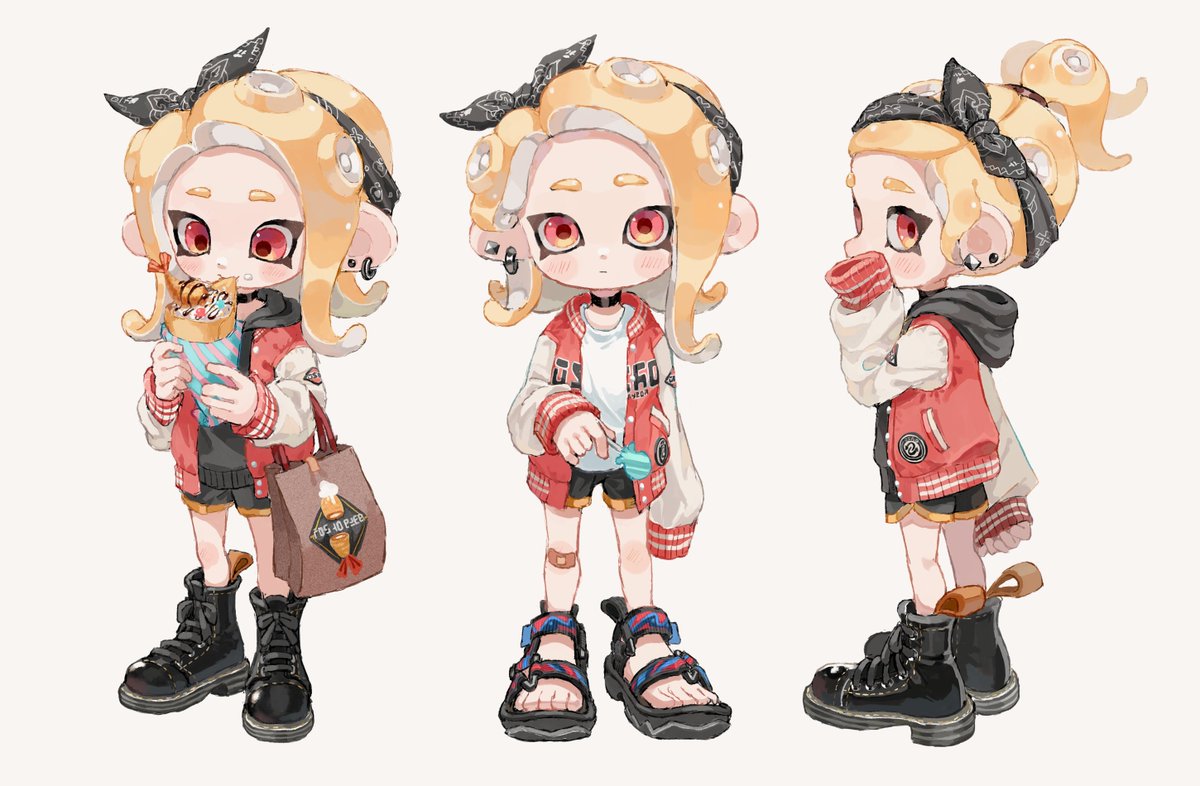 octoling ,octoling girl bandana suction cups 1girl shorts food black shorts shirt  illustration images