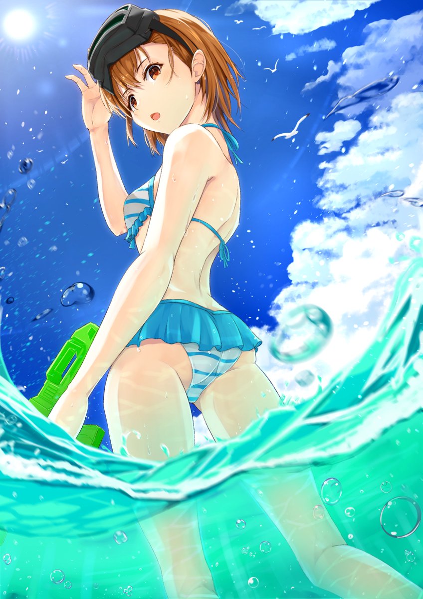 misaka imouto 1girl swimsuit bikini solo water gun brown hair brown eyes  illustration images