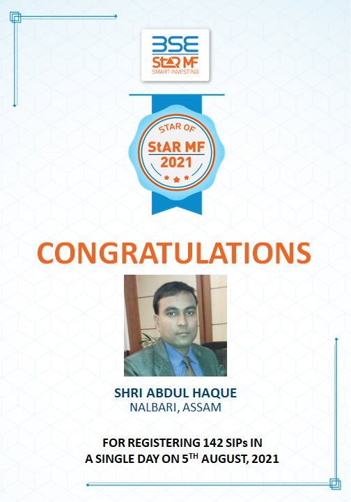 Kudos to Sh. Abdul Haque from Nalbari, Assam for registering 142 new SIPs in a single day. @BSEIndia @ashishchauhan @ABDULHAQUE1 @SameerPatil2019 @snehalAjayDixi2 @JKetan5 @KiranStARMF @Manish_Madan_ @SandeepMoreBSE @cafemutual