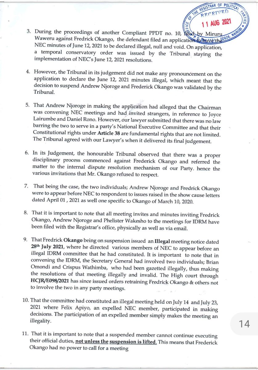 2/5
We have further reminded the <a href="/ORPPKenya/">ORPPKenya</a>  how the defiant Okango has been calling for illegal meetings, and  involving strangers in making decisions in the party's National Executive Committee.