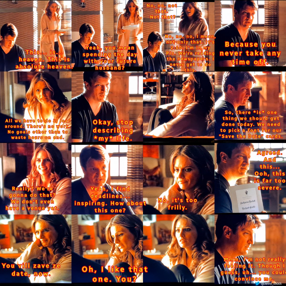 No #Castle aired on 08/12/xx-but a Memory-6x17- IN THE BELLY OF THE BEAST (I/III)

C:Yeah,u mean spending the day with ur future husband?
KB:No,no,not that.
C:Not that?
KB:No,no,no, I mean,not only that. It's 2. I'm in my PJs. We're reading the newspapers. I never get to do this. https://t.co/TmMcJdipxM