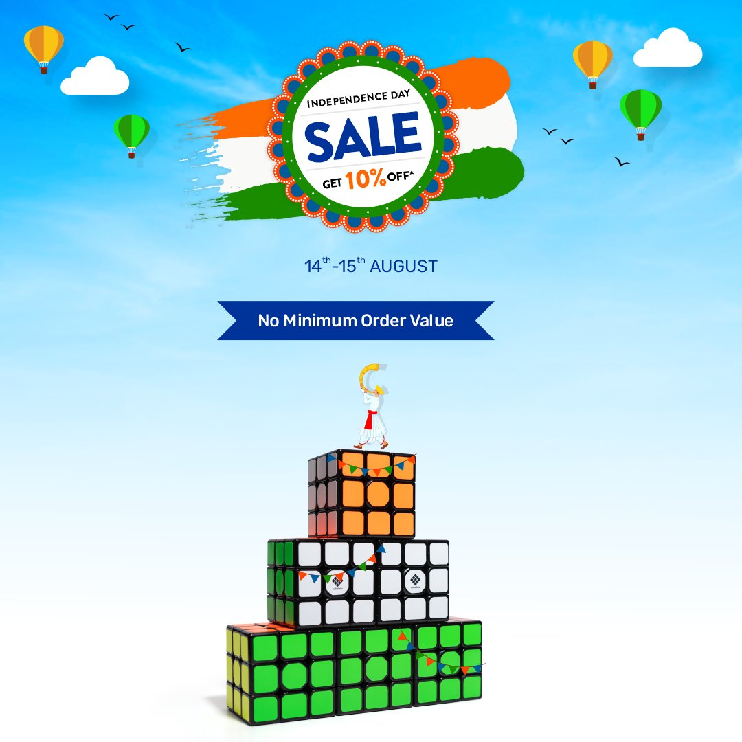 This independence day feel your freedom with "NO MINIMUM ORDER VALUE SALE!"

Cubelelo Independence day sale is on 14th and 15th August 2021!

Get 10% off across all the products with no minimum order value.

Fill up your shopping cart and get ready to Grab the collection!