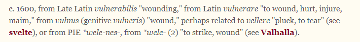 mb1687's tweet photo. TIL:
The word 'Vulnerability' probably comes from the same medieval root as 'Valhalla'. Makes vulnerability hunting a bit cooler. Maybe. 
(according to https://t.co/H1DBtfKUcv) https://t.co/wvyvGXGcyt