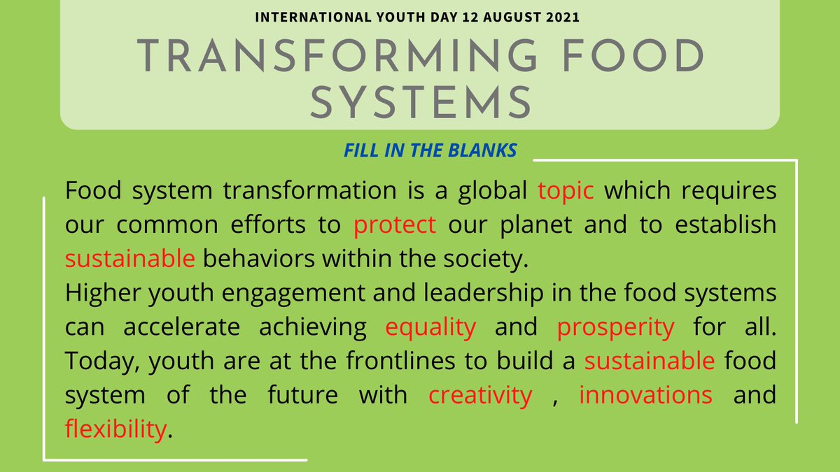 UNCTADYouth's tweet photo. In celebration of #InternationalYouthDay we are launching an educational and fun game to spotlight youth-led ideas to transform global food systems🌍 

Join us, it's very simple!
✅Copy the sample text 
✅Paste it as a response to our #Twitter thread
✅Fill in the blanks https://t.co/4Ut5A7RdZt