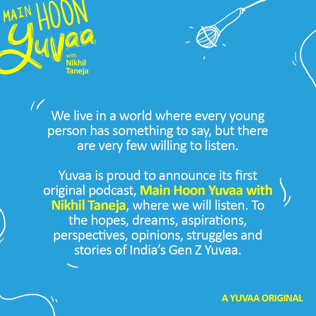 weareyuvaa's tweet photo. It's #YouthDay &amp; we're super excited to announce our first original podcast #MainHoonYuvaa that listens to the Gen-Z, hosted by dil se yuvaa @tanejamainhoon 🎙️

#Yuvaa #MainHoonYuvaaPodcast https://t.co/I09lODQ9iL