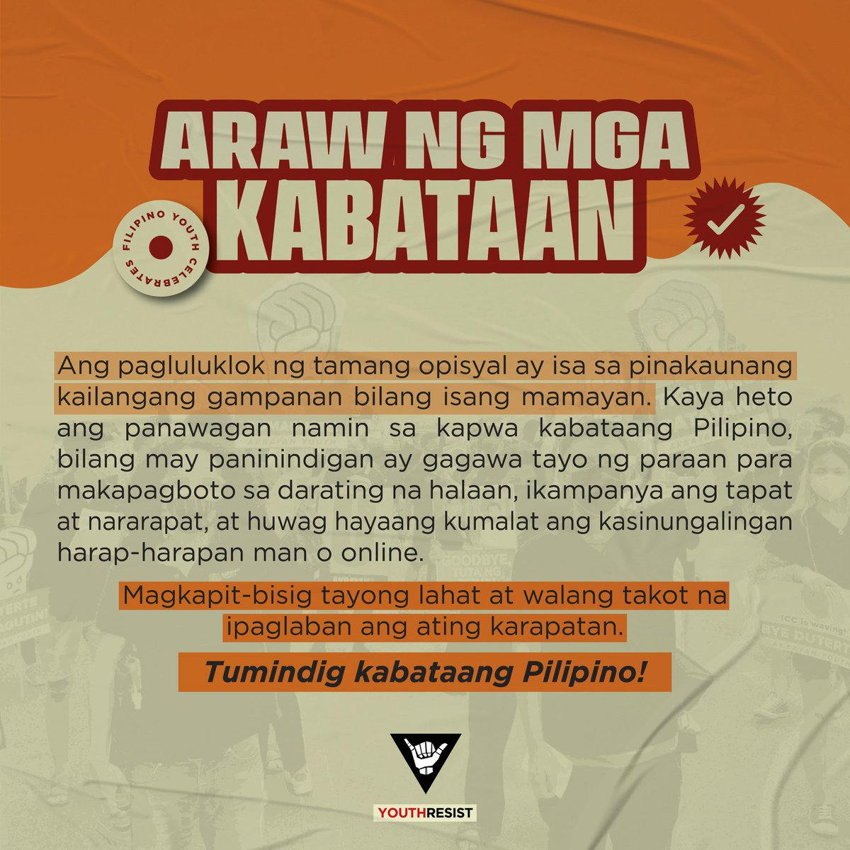 YouthResistPH's tweet photo. Pahayag sa Pagdiriwang ng Internasyonal na Araw ng Kabataan.

#TumindigKabataangPilipino
#InternationalYouthDay 

Basahin ang aming buong pahayag dito: https://t.co/mi1Aa2OtXc https://t.co/dDdO3JVWBc